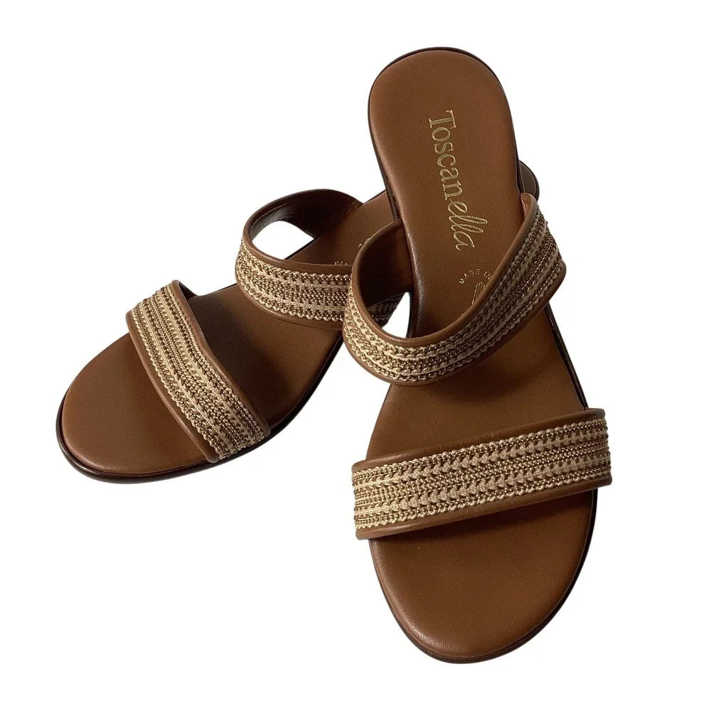 Toscanella Italian Brown Leather Wedge Sandals Gold Woven Slides Size 8 Italy